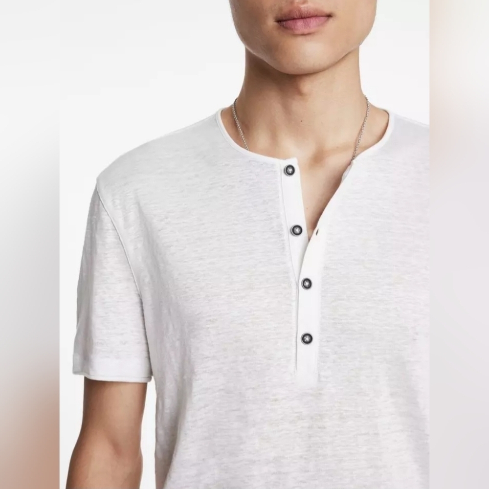 JOHN VARVATOS ◇ Bleeker Henley ◇ 100% Linen, Cream, Short Sleeve ◇ Size XS ◇ NWT - Picture 2 of 11